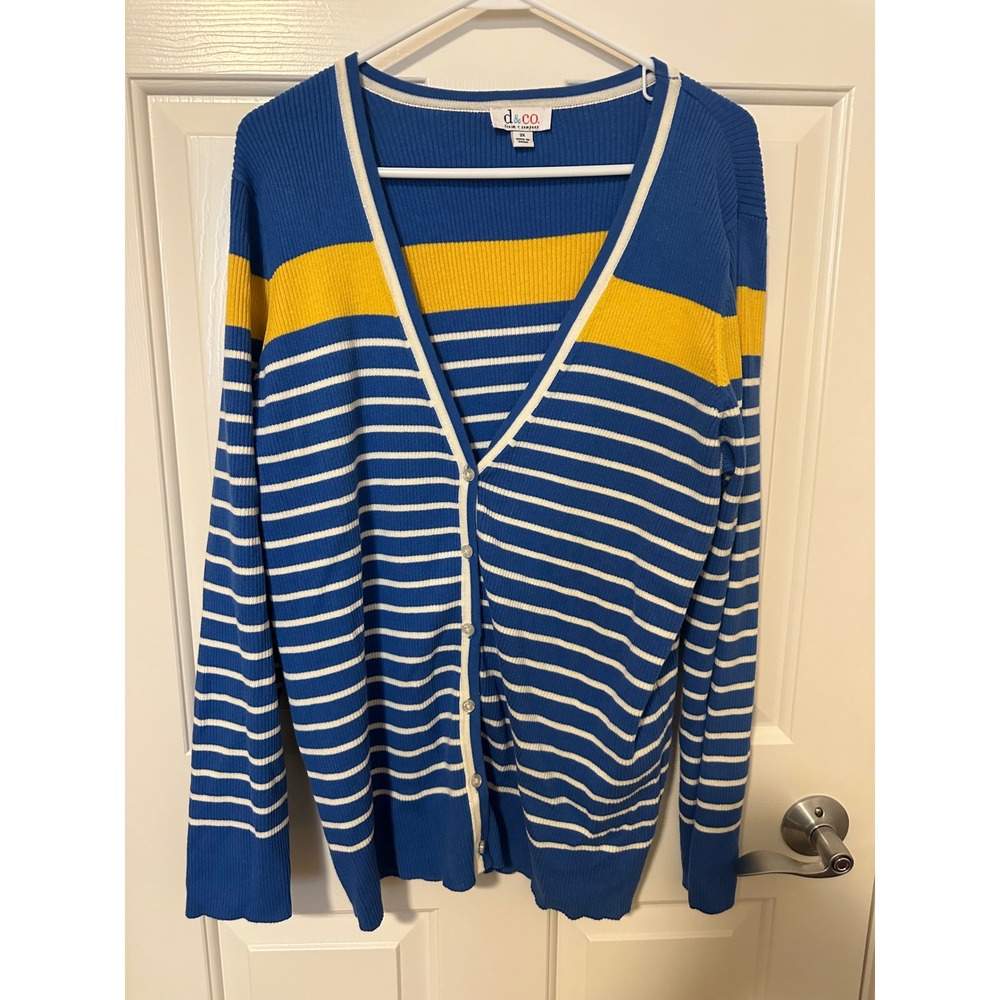 Denim & Co Cardigan Women 2X Blue Striped V-Neck Long Sleeve Button Front Knit